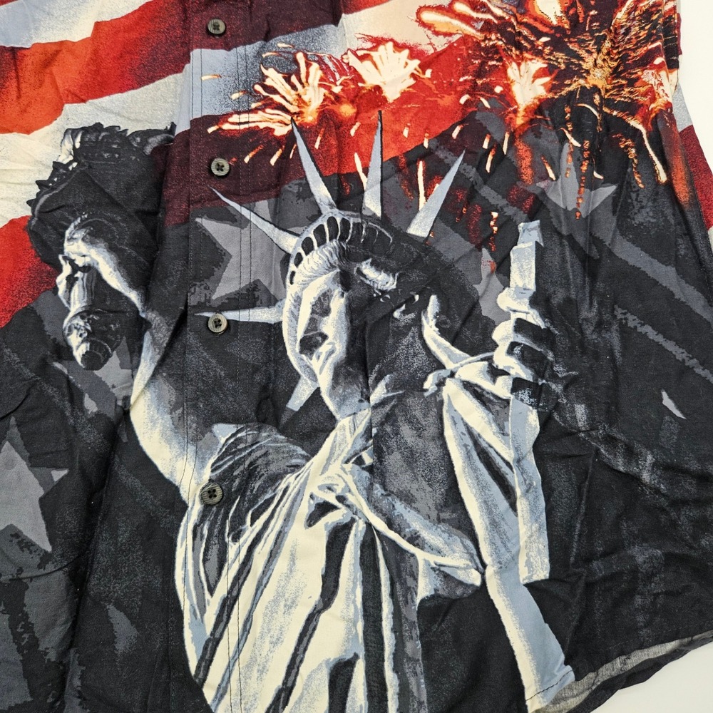 Red‎ Head Mens Patriotic Statue of Liberty Flag Fireworks Button Up Shirt XL - Picture 4 of 10